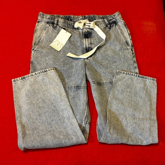 Zara light blue belted denim loose relaxed jeans pants made in Europe NWT - Picture 2 of 11